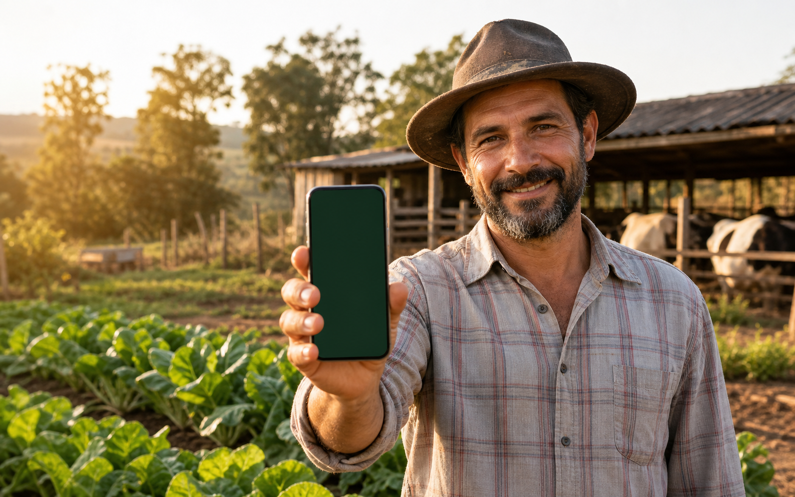 Produtor rural consultando o sistema pelo celular durante a rotina no campo